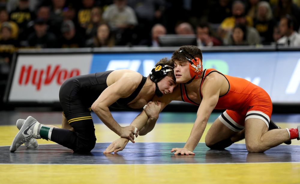 Iowa’s Austin DeSanto Wrestles Oklahoma State’s Reece Witcraft at 133 pounds Sunday, February 23, 2020 at Carver-Hawkeye Arena. DeSanto won the match by fall. (Brian Ray/hawkeyesports.com)