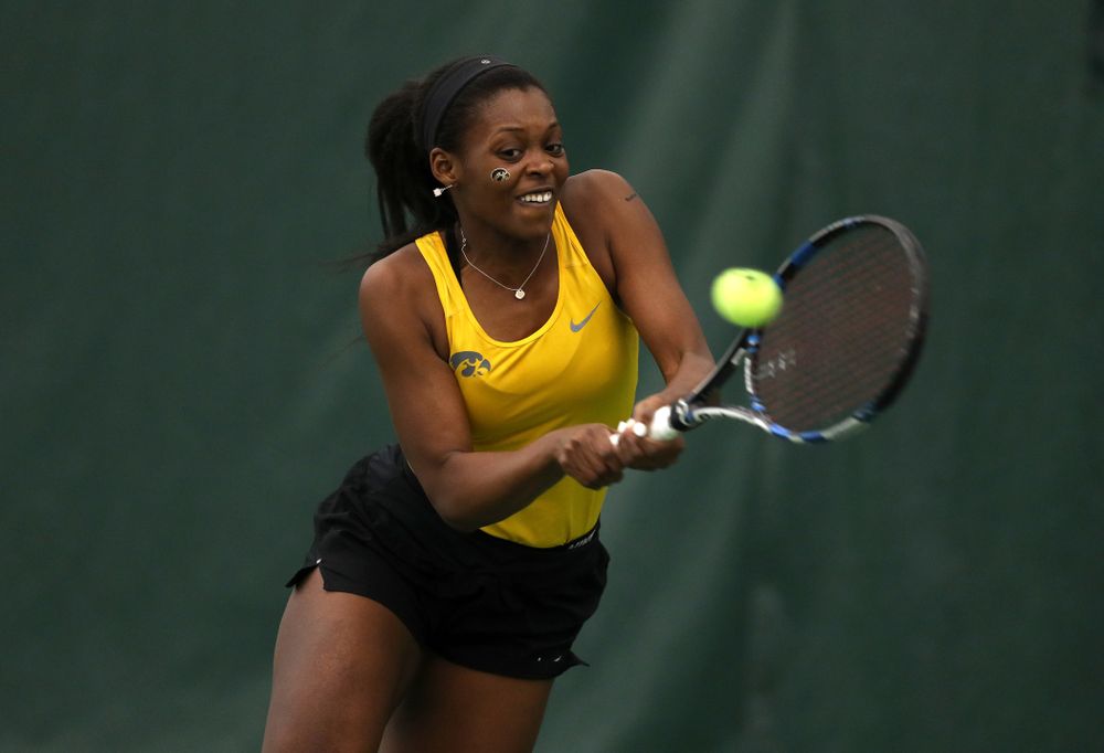 Iowa's Adorabol Huckleby against the Iowa State Cyclones Friday, February 8, 2019 at the Hawkeye Tennis and Recreation Complex. (Brian Ray/hawkeyesports.com)