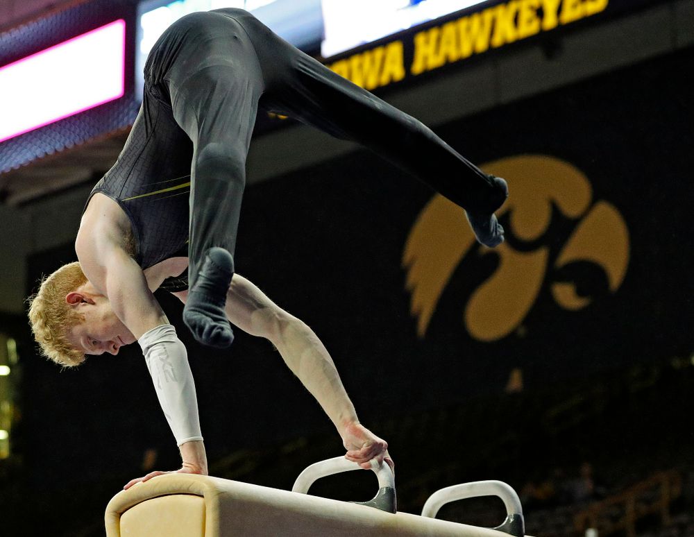 Iowa's Nick Merryman competes in the pommel during the first day of the Big Ten Men's Gymnastics Championships at Carver-Hawkeye Arena in Iowa City on Friday, Apr. 5, 2019. (Stephen Mally/hawkeyesports.com)