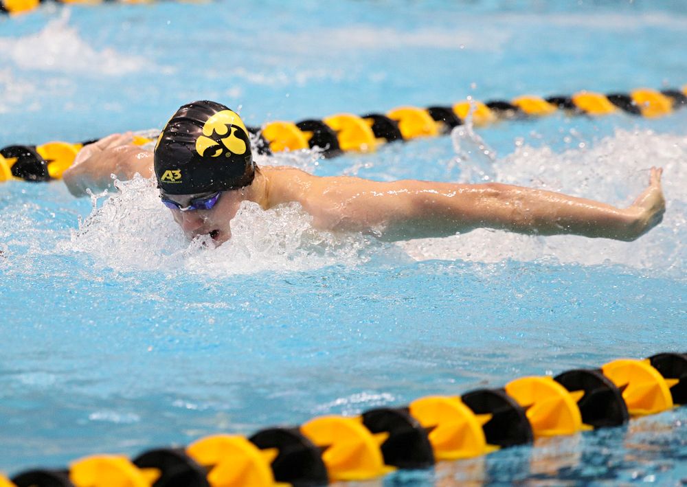 Iowa’s Dolan Craine swims the men’s 200-yard butterfly event during their meet against Michigan State and Northern Iowa at the Campus Recreation and Wellness Center in Iowa City on Friday, Oct 4, 2019. (Stephen Mally/hawkeyesports.com)
