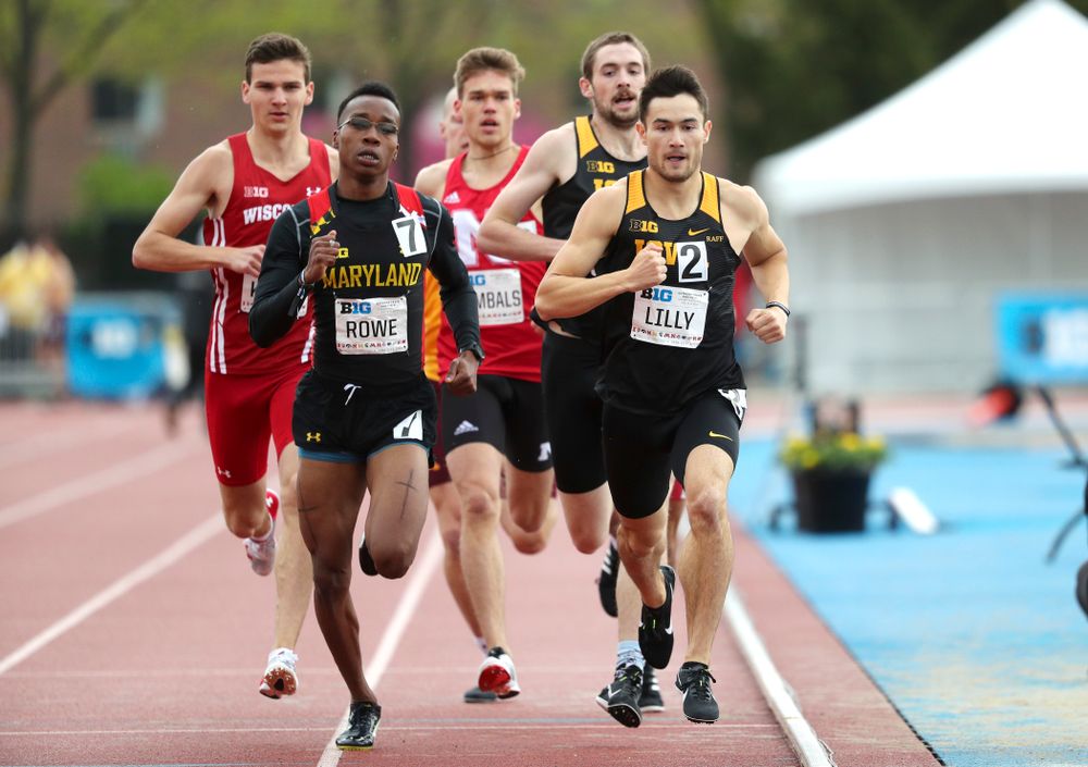 Iowa's Carter Lilly (front) and Nolan Teubel run the men’s 800 meter event on the second day of the Big Ten Outdoor Track and Field Championships at Francis X. Cretzmeyer Track in Iowa City on Saturday, May. 11, 2019. (Stephen Mally/hawkeyesports.com)