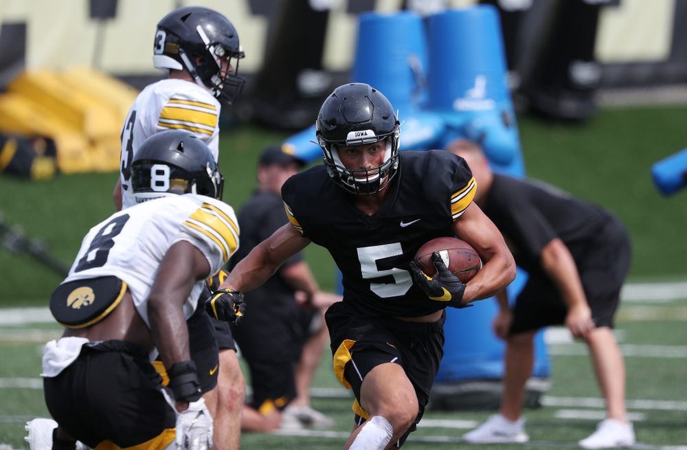 Iowa Hawkeyes wide receiver Oliver Martin (5) during Fall Camp Practice No. 4 Monday, August 5, 2019 at the Ronald D. and Margaret L. Kenyon Football Practice Facility. (Brian Ray/hawkeyesports.com)