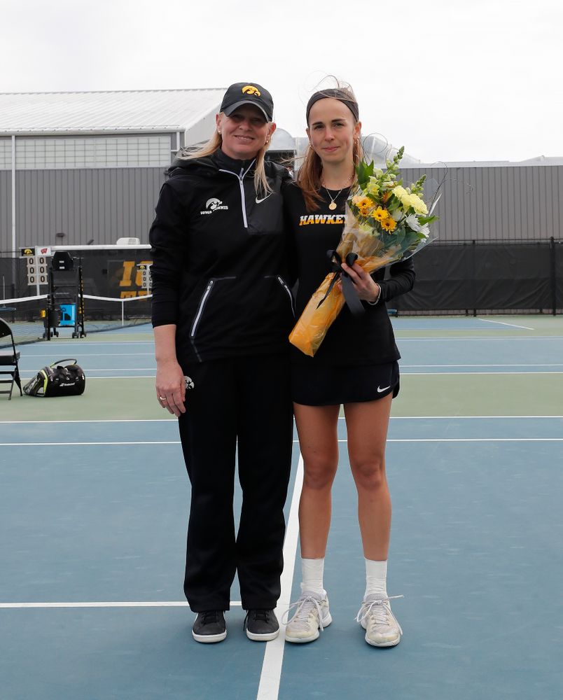 Iowa's Adrienne Jensen during Senior Day activities before their match against the Wisconsin Badgers Sunday, April 22, 2018 at the Hawkeye Tennis and Recreation Center. (Brian Ray/hawkeyesports.com)