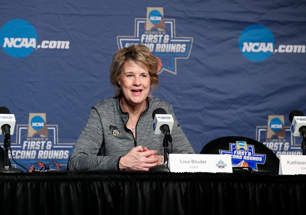 Iowa Hawkeyes head coach Lisa Bluder answers a question during media availability before their next game in the 2019 NCAA Women's Basketball Tournament at Carver Hawkeye Arena in Iowa City on Saturday, Mar. 23, 2019. (Stephen Mally for hawkeyesports.com)