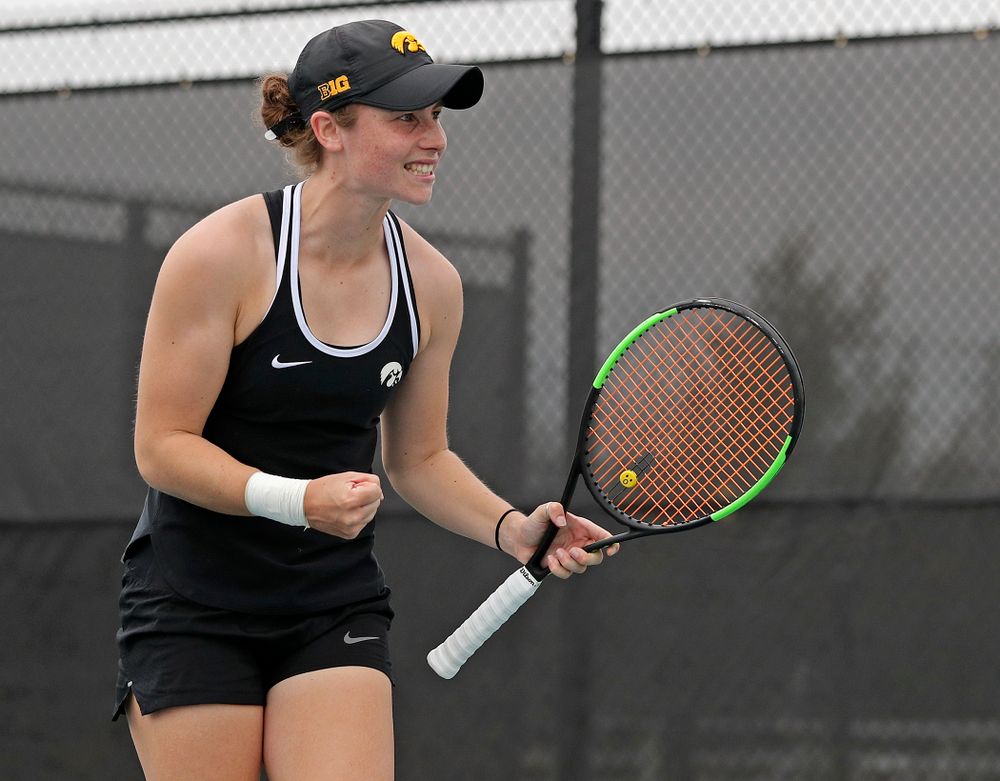 Iowa's Elise van Heuvelen Treadwell celebrates a point during a match against Rutgers at the Hawkeye Tennis and Recreation Complex in Iowa City on Friday, Apr. 5, 2019. (Stephen Mally/hawkeyesports.com)