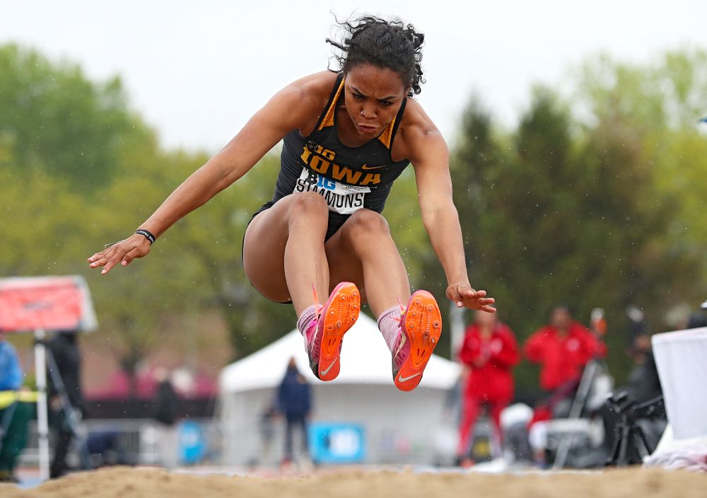 Iowa's Tria Simmons jumps in the women’s long jump in the heptathlon event on the second day of the Big Ten Outdoor Track and Field Championships at Francis X. Cretzmeyer Track in Iowa City on Saturday, May. 11, 2019. (Stephen Mally/hawkeyesports.com)