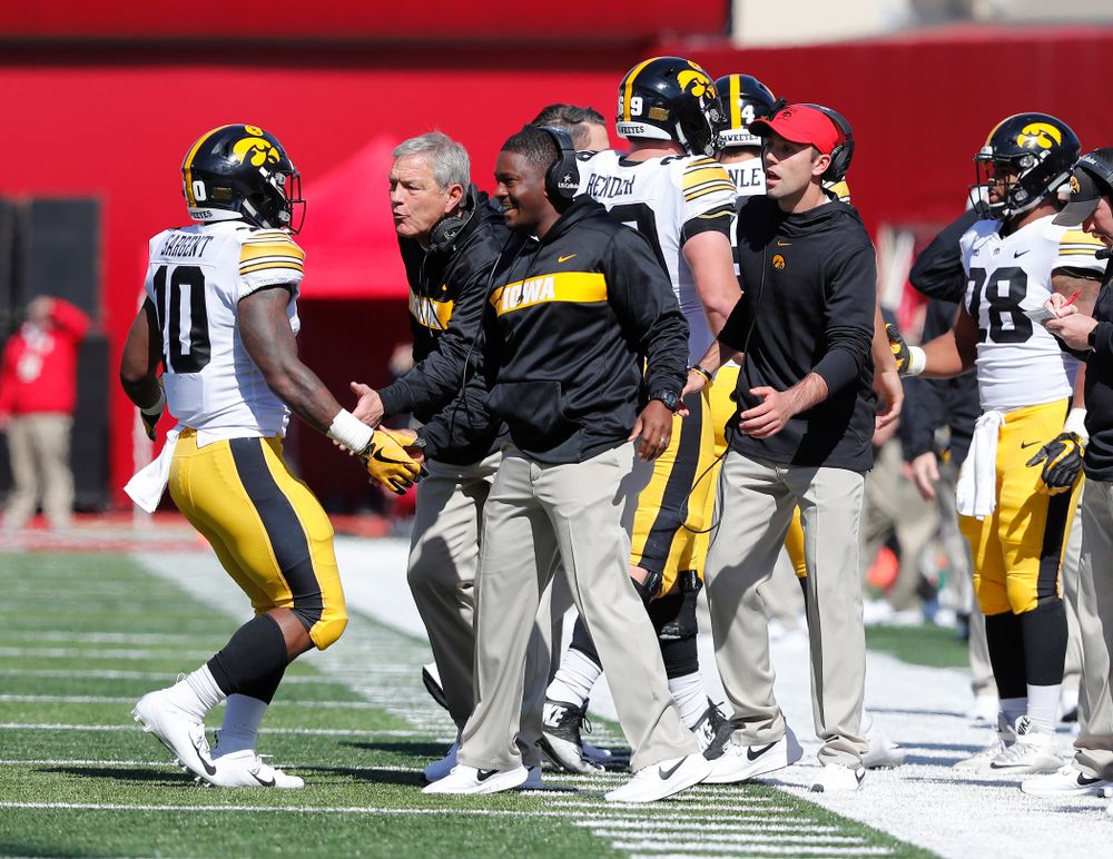 Iowa Hawkeyes running back Mekhi Sargent (10) and running backs coach Derrick Foster against the Indiana Hoosiers Saturday, October 13, 2018 at Memorial Stadium, in Bloomington, Ind. (Brian Ray/hawkeyesports.com)
