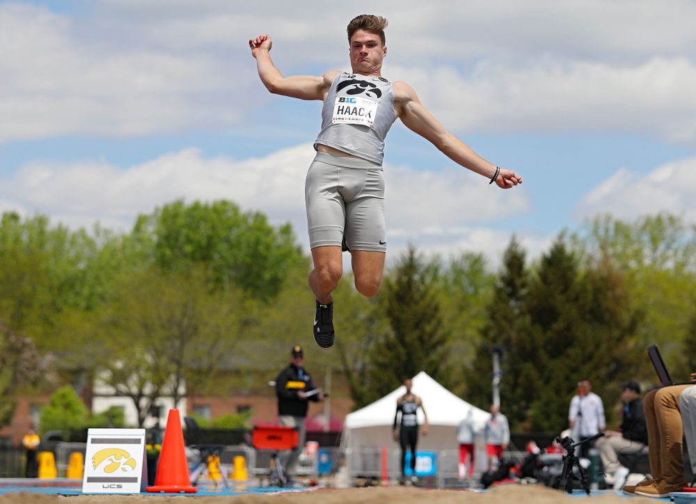 Iowa's Peyton Haack jumps during the men's long jump in the decathlon event on the first day of the Big Ten Outdoor Track and Field Championships at Francis X. Cretzmeyer Track in Iowa City on Friday, May. 10, 2019. (Stephen Mally/hawkeyesports.com)