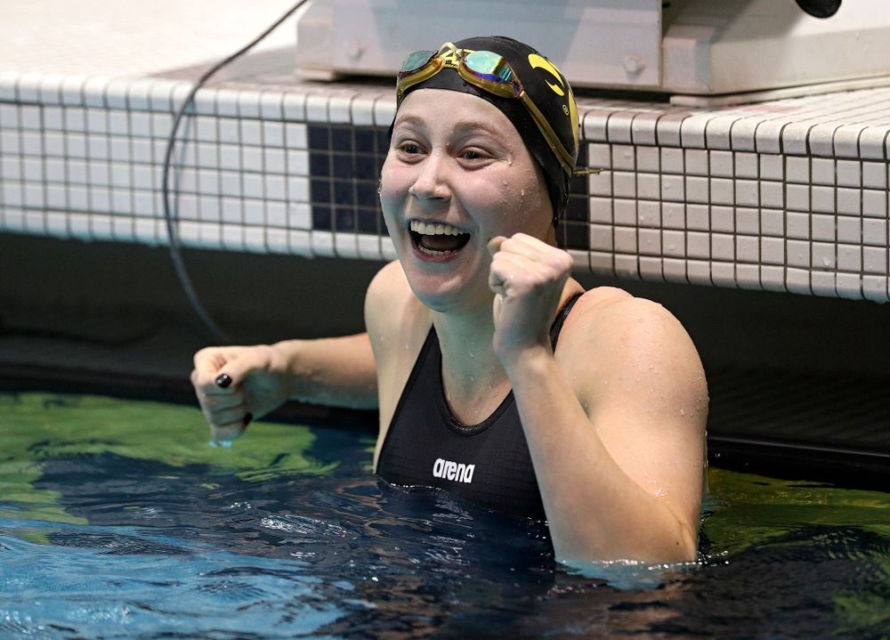 Iowa’s Aleksandra Olesiak reacts after setting a career-best time in the women’s 200 yard breaststroke C final event during the 2020 Women’s Big Ten Swimming and Diving Championships at the Campus Recreation and Wellness Center in Iowa City on Saturday, February 22, 2020. (Stephen Mally/hawkeyesports.com)