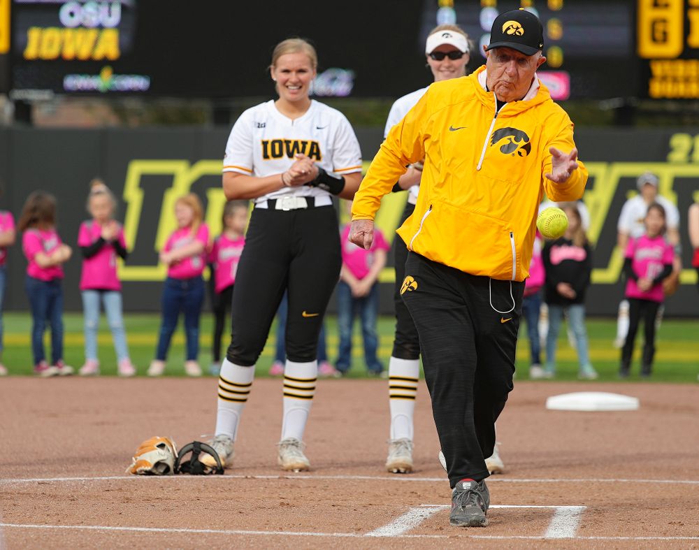Paul Luers, the father of Iowa head coach Renee Gillispie, throws out the first pitch before the game against Ohio State at Pearl Field in Iowa City on Friday, May. 3, 2019. (Stephen Mally/hawkeyesports.com)