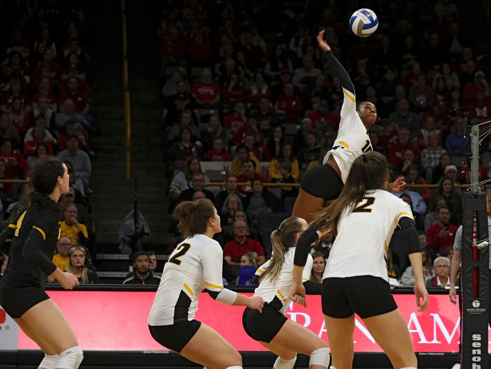Iowa’s Griere Hughes (10) lines up a shot during the second set of their match against Nebraska at Carver-Hawkeye Arena in Iowa City on Saturday, Nov 9, 2019. (Stephen Mally/hawkeyesports.com)