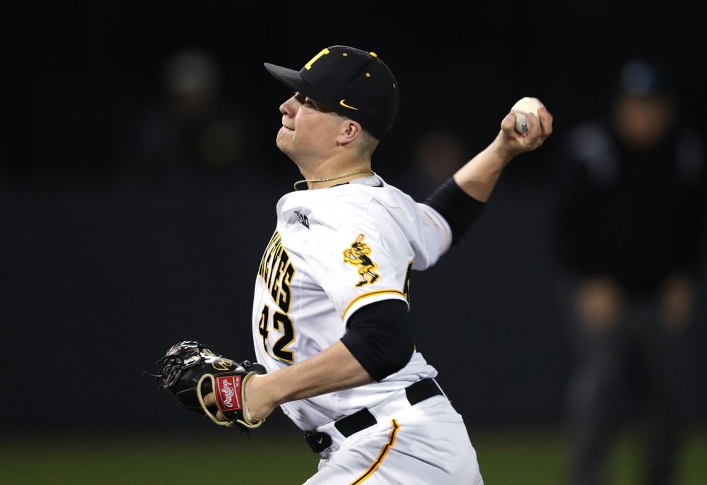 Iowa Hawkeyes Trace Hoffman (42) during game one against UC Irvine Friday, May 3, 2019 at Duane Banks Field. (Brian Ray/hawkeyesports.com)