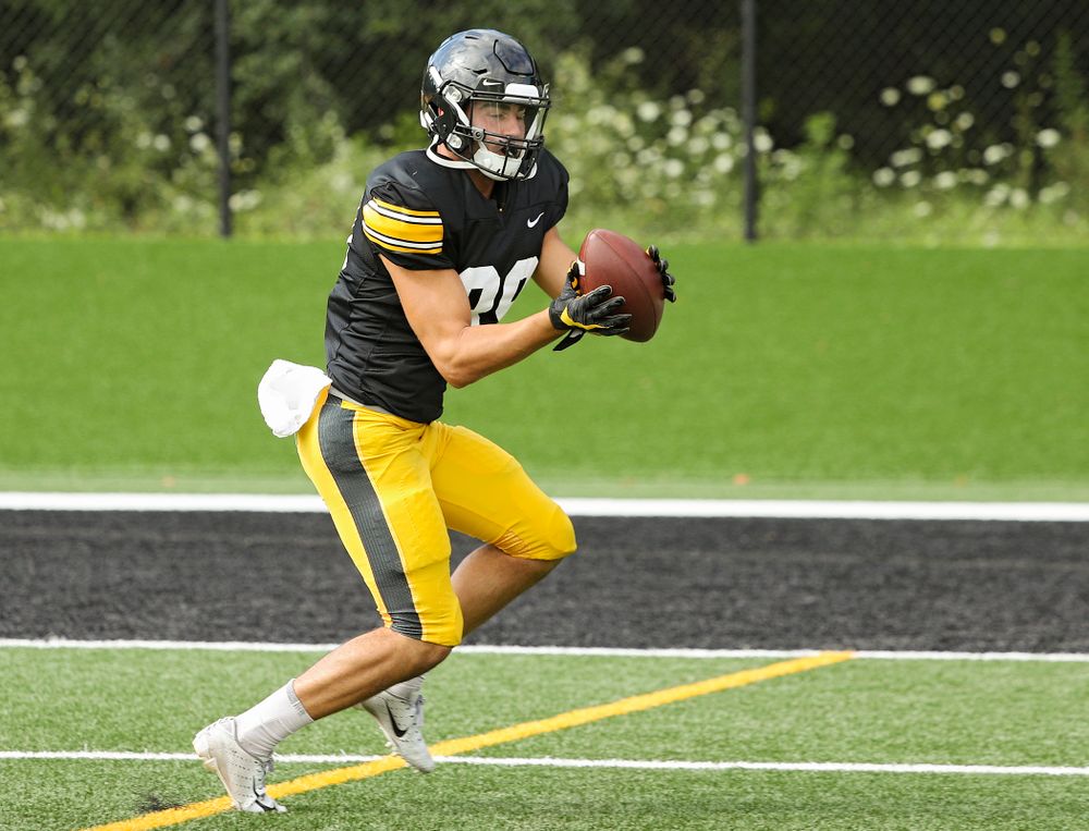 Iowa Hawkeyes wide receiver Nico Ragaini (89) pulls in a pass during Fall Camp Practice No. 11 at the Hansen Football Performance Center in Iowa City on Wednesday, Aug 14, 2019. (Stephen Mally/hawkeyesports.com)