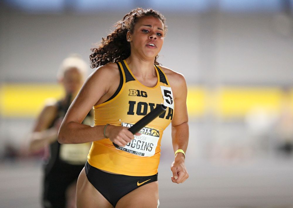 Iowa’s Dallyssa Huggins runs the women’s 1600 meter relay event during the Hawkeye Invitational at the Recreation Building in Iowa City on Saturday, January 11, 2020. (Stephen Mally/hawkeyesports.com)