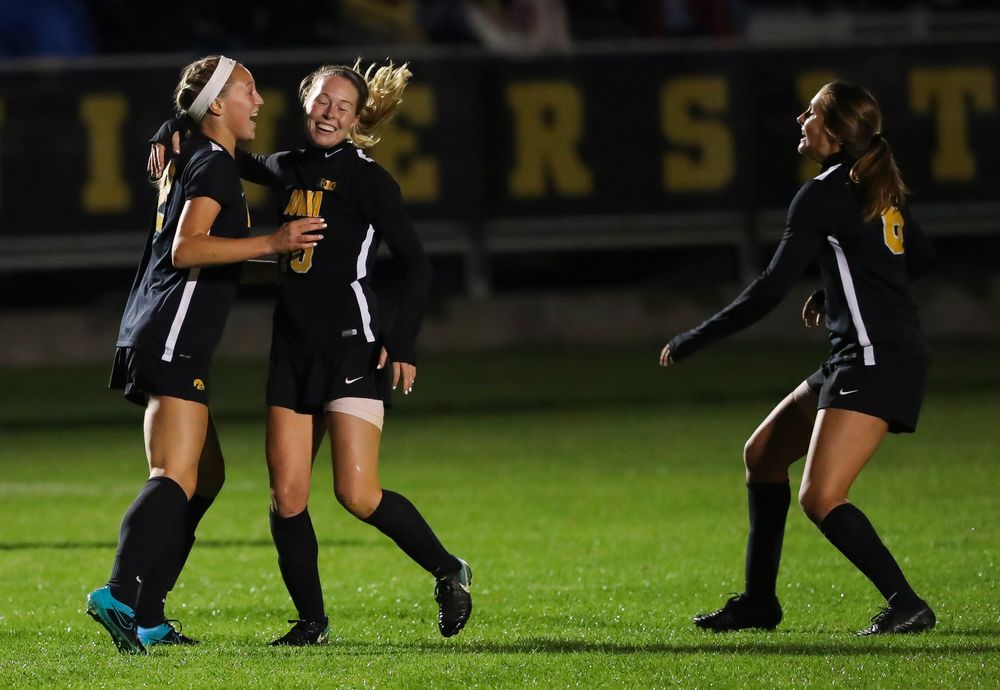 Iowa Hawkeyes midfielder Hailey Rydberg (2) and Iowa Hawkeyes midfielder Natalie Winters (10) celebrate after Rydberg's goal during a game against Michigan State at the Iowa Soccer Complex on October 12, 2018. (Tork Mason/hawkeyesports.com)