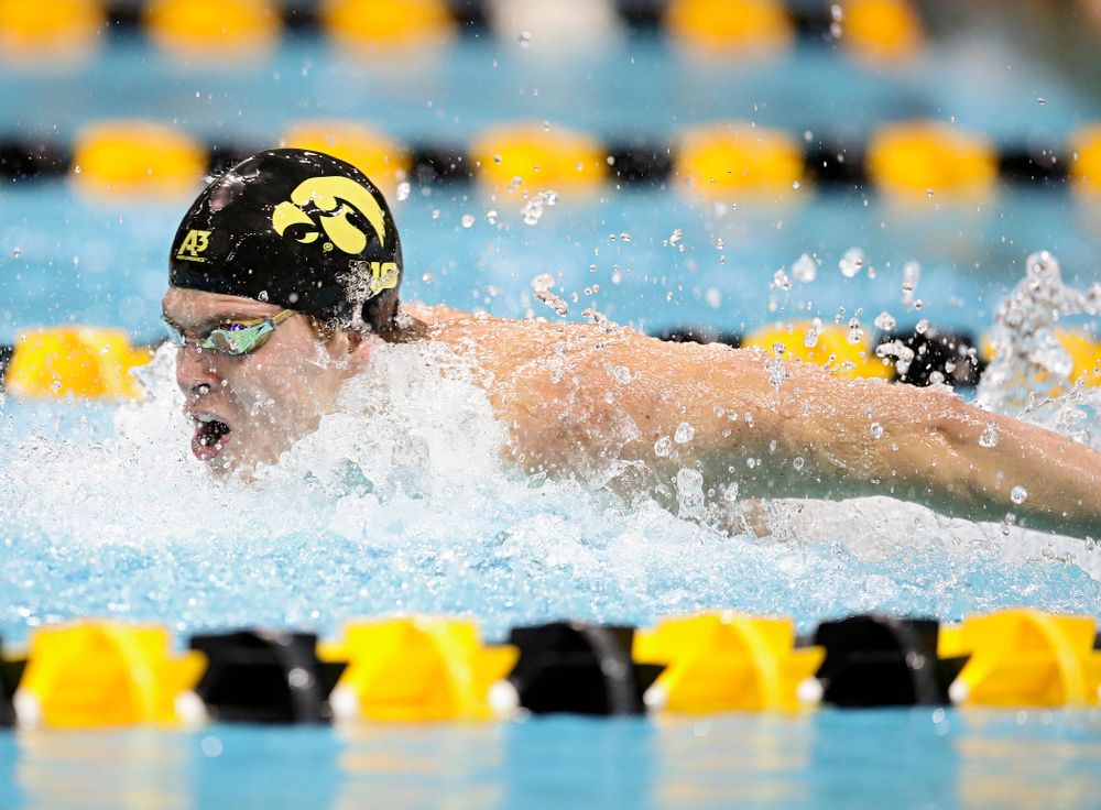 Iowa’s Michael Tenney swims the butterfly section in the men’s 400 yard medley relay event during their meet at the Campus Recreation and Wellness Center in Iowa City on Friday, February 7, 2020. (Stephen Mally/hawkeyesports.com)