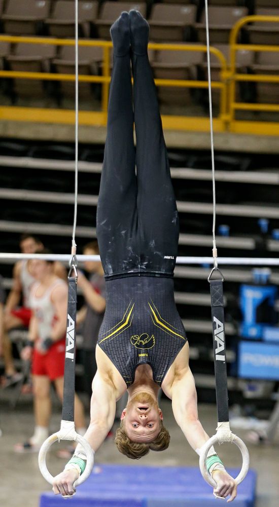 Iowa's Tyler Ball competes in the rings against Ohio State at Caver-Hawkeye Arena in Iowa City on Saturday, Mar. 16, 2019. (Stephen Mally for HawkeyeSports.com)