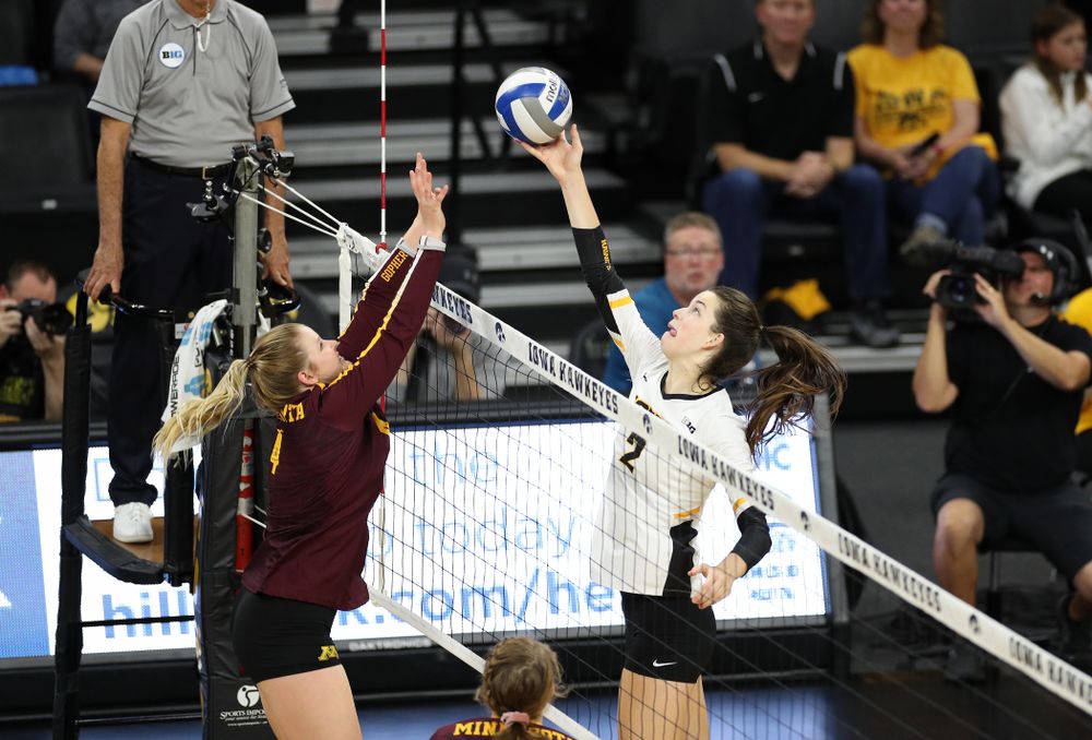 Iowa Hawkeyes setter Courtney Buzzerio (2) against the Minnesota Golden Gophers Wednesday, October 2, 2019 at Carver-Hawkeye Arena. (Brian Ray/hawkeyesports.com)