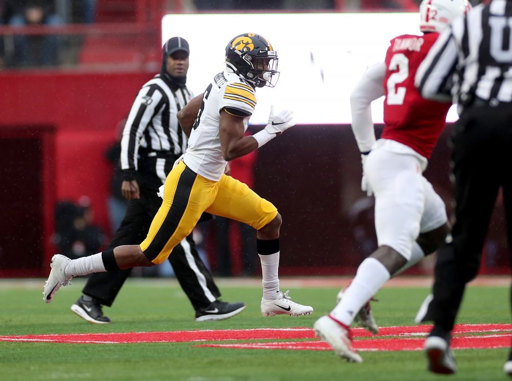 Iowa Hawkeyes wide receiver Ihmir Smith-Marsette (6) breaks free on a long touchdown run against the Nebraska Cornhuskers Friday, November 29, 2019 at Memorial Stadium in Lincoln, Neb. (Brian Ray/hawkeyesports.com)
