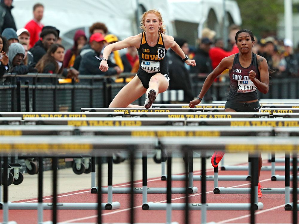 Iowa's Kylie Morken runs the women’s 100 meter hurdles event on the second day of the Big Ten Outdoor Track and Field Championships at Francis X. Cretzmeyer Track in Iowa City on Saturday, May. 11, 2019. (Stephen Mally/hawkeyesports.com)
