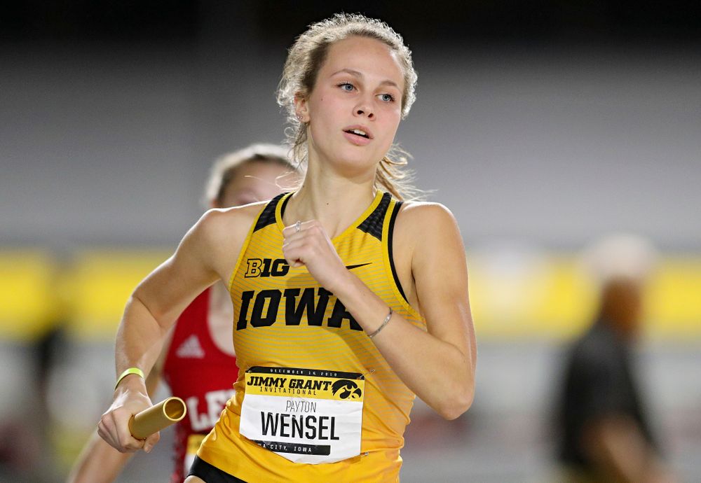 Iowa’s Payton Wensel runs the women’s 1600 meter relay event during the Jimmy Grant Invitational at the Recreation Building in Iowa City on Saturday, December 14, 2019. (Stephen Mally/hawkeyesports.com)