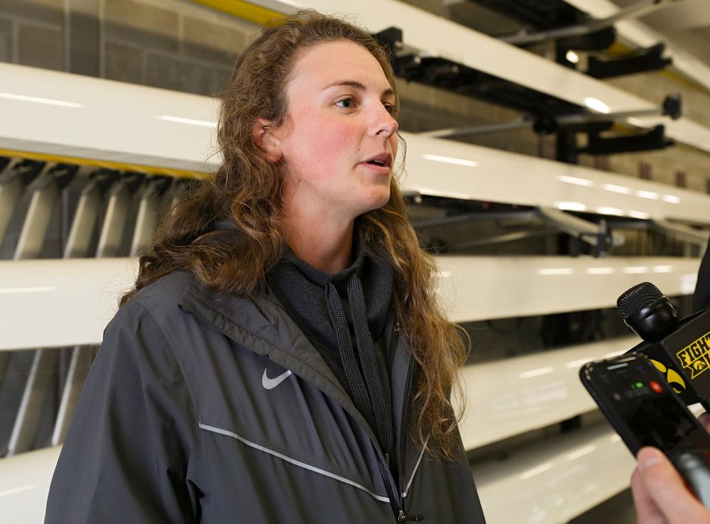 Iowa's Hannah Greenlee answers a question during media availability at the P. Sue Beckwith, M.D., Boathouse in Iowa City on Wednesday, Apr. 10, 2019. (Stephen Mally/hawkeyesports.com)
