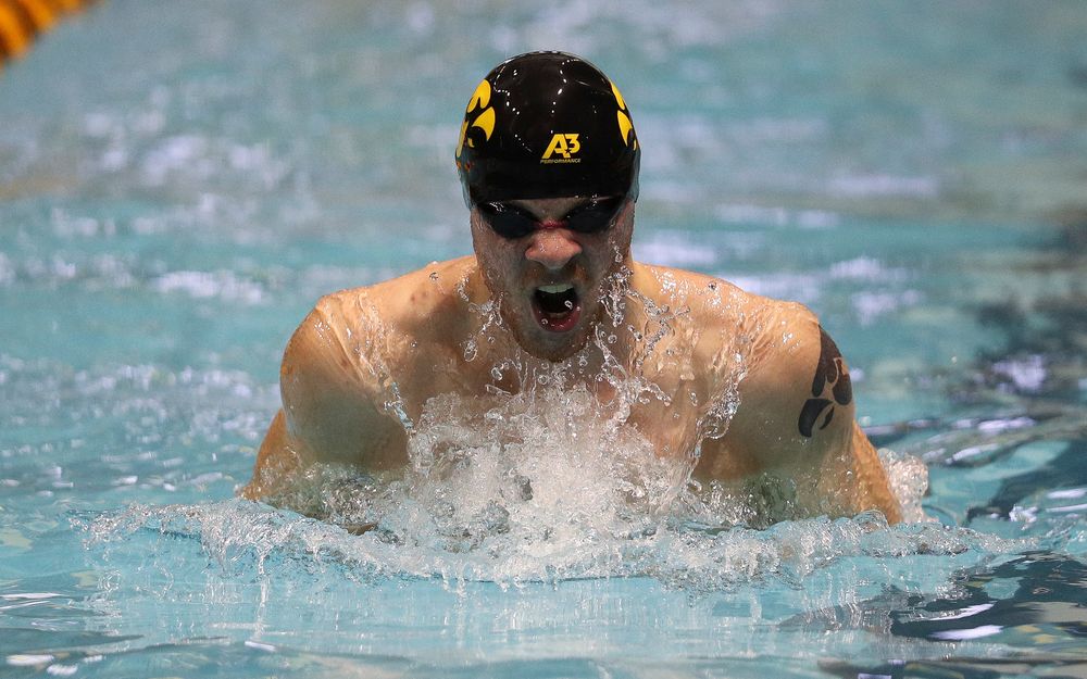 Iowa's Tanner Nelson competes in the 100-yard breaststroke during the third day of the Hawkeye Invitational at the Campus Recreation and Wellness Center on November 16, 2018. (Tork Mason/hawkeyesports.com)