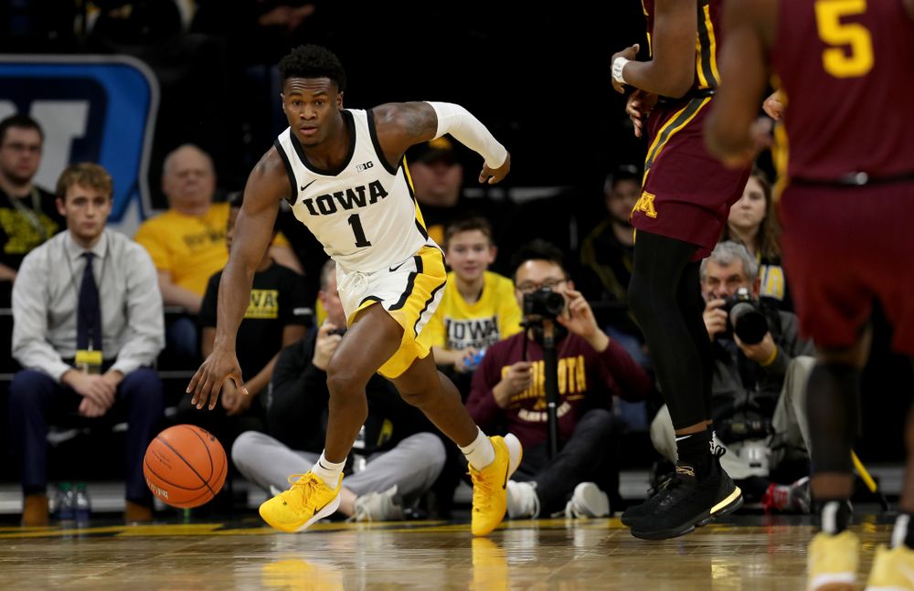 Iowa Hawkeyes guard Joe Toussaint (1) against the Minnesota Golden Gophers Monday, December 9, 2019 at Carver-Hawkeye Arena. (Brian Ray/hawkeyesports.com)