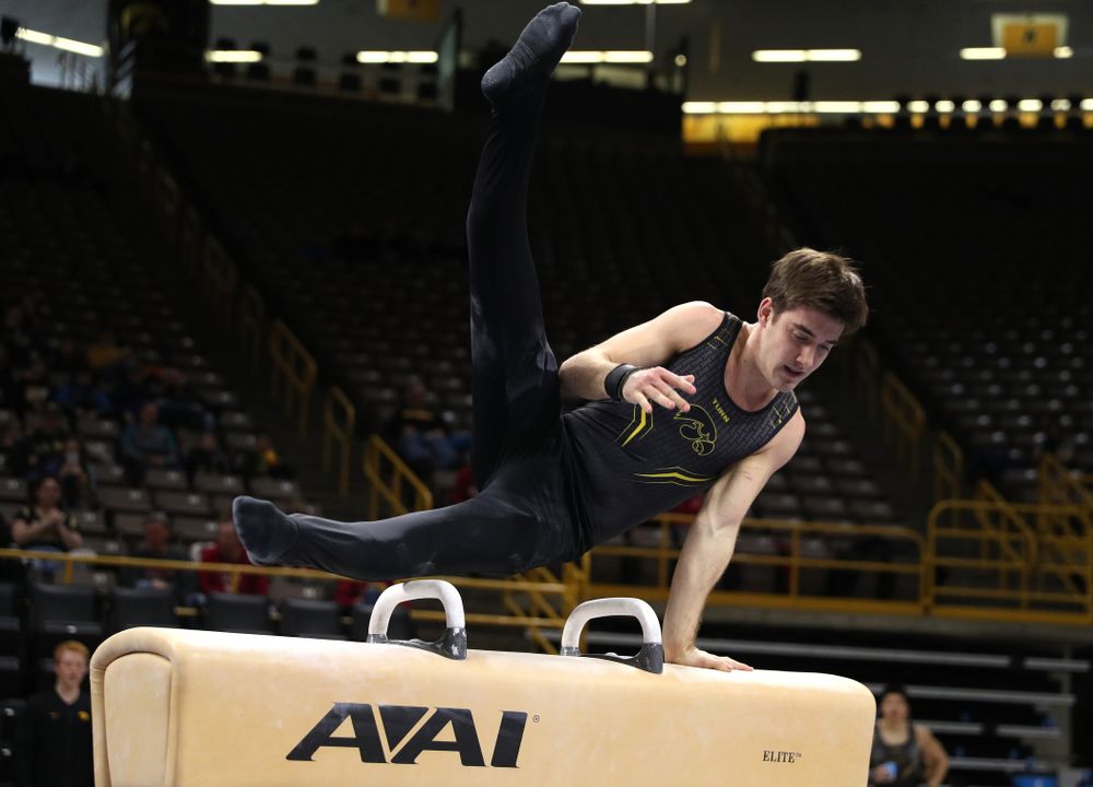 Iowa's Kevin Johnson competes on the Pommel Horse against Oklahoma Saturday, February 9, 2019 at Carver-Hawkeye Arena. (Brian Ray/hawkeyesports.com)