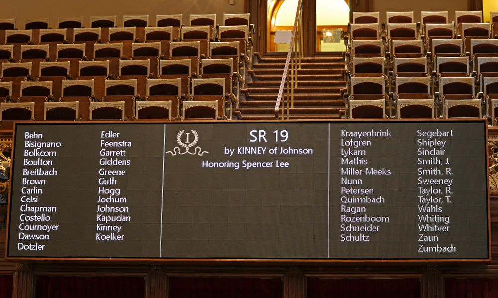 The board displays Senate Resolution 19 to honor Iowa's Spencer Lee in the Senate Chamber at the Iowa State Capitol Building on Tuesday, Apr. 9, 2019. (Stephen Mally/hawkeyesports.com)