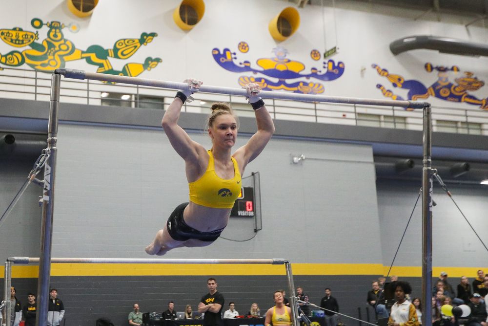 Allyson Steffensmeier performs on the uneven bars during the Iowa women’s gymnastics Black and Gold Intraquad Meet on Saturday, December 7, 2019 at the UI Field House. (Lily Smith/hawkeyesports.com)