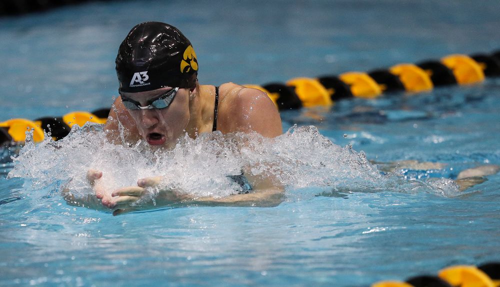 Iowa's Sage Ohlensehlen competes in the 400-yard medley relay during a meet against Michigan and Denver at the Campus Recreation and Wellness Center on November 3, 2018. (Tork Mason/hawkeyesports.com)