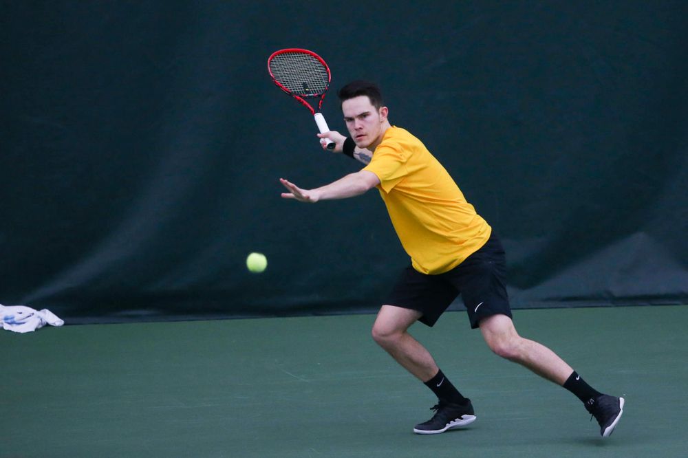 Iowa's Jonas Larsen at a tennis match vs Drake  Friday, March 8, 2019 at the Hawkeye Tennis and Recreation Complex. (Lily Smith/hawkeyesports.com)
