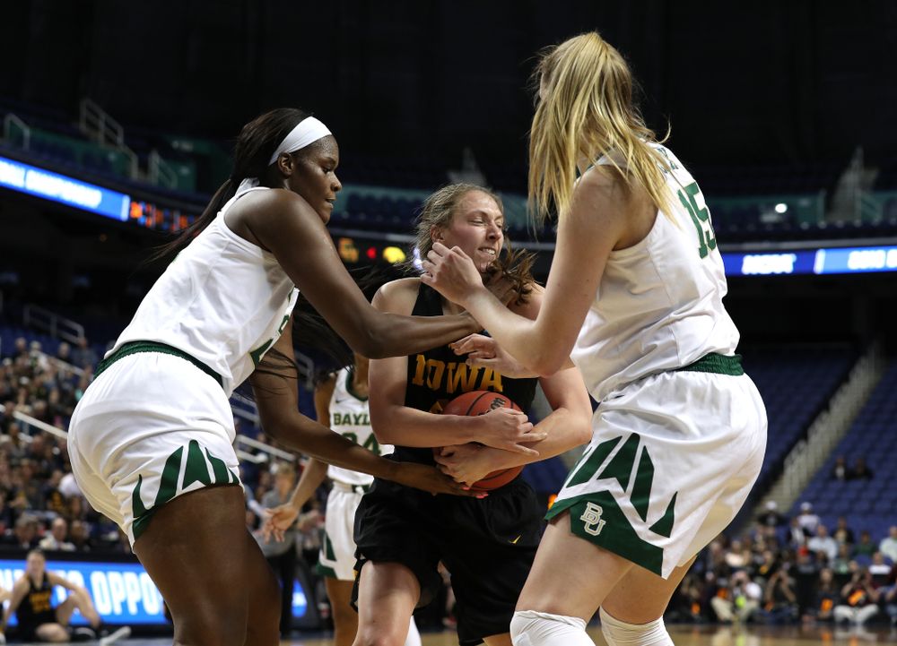 Iowa Hawkeyes forward Amanda Ollinger (43) against the Baylor Lady Bears in the regional final of the 2019 NCAA Women's College Basketball Tournament Monday, April 1, 2019 at Greensboro Coliseum in Greensboro, NC.(Brian Ray/hawkeyesports.com)