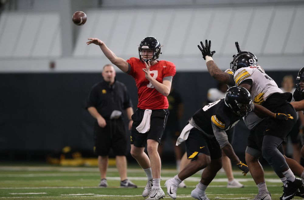 Iowa Hawkeyes quarterback Spencer Petras (7) during preparation for the 2019 Outback Bowl Monday, December 17, 2018 at the Hansen Football Performance Center. (Brian Ray/hawkeyesports.com)
