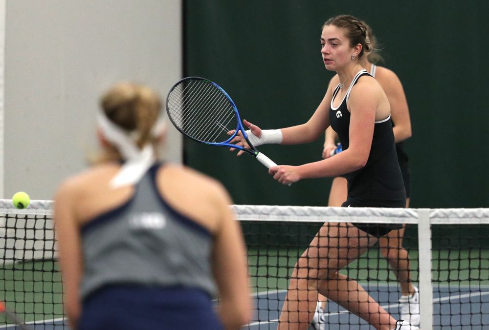 Iowa's Ashleigh Jacobs and Sophie Clark play a doubles match against the Penn State Nittany Lions Sunday, February 24, 2019 at the Hawkeye Tennis and Recreation Complex. (Brian Ray/hawkeyesports.com)