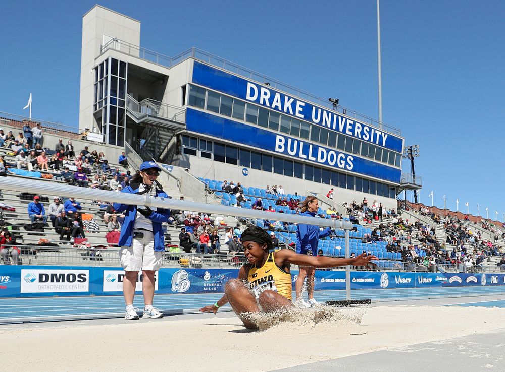 Iowa's Amanda Carty in the women's long jump event during the second day of the Drake Relays at Drake Stadium in Des Moines on Friday, Apr. 26, 2019. (Stephen Mally/hawkeyesports.com)