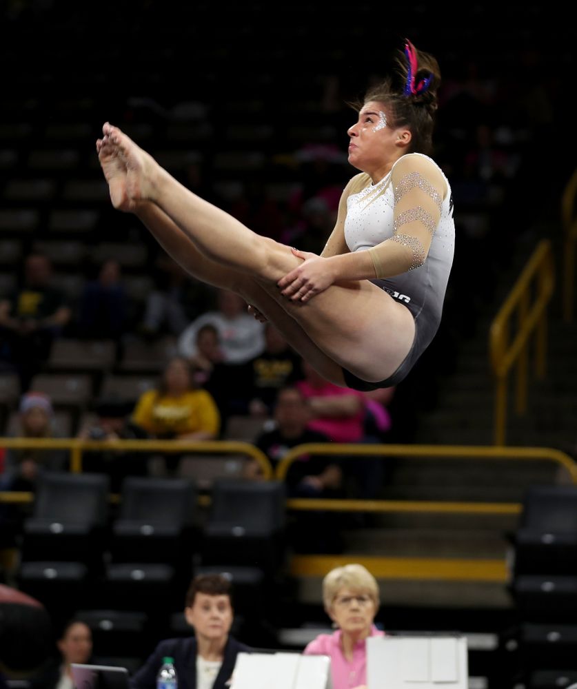 IowaÕs Ariana Agrapides competes on the floor against Ball State and Air Force Saturday, January 11, 2020 at Carver-Hawkeye Arena. (Brian Ray/hawkeyesports.com)