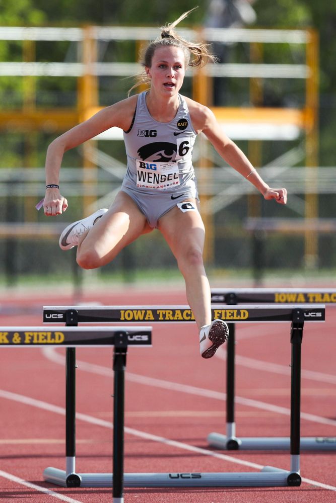 Iowa's Payton Wensel hurdles during the women's 400-meter hurdles at the Big Ten Outdoor Track and Field Championships at Francis X. Cretzmeyer Track on Friday, May 10, 2019. (Lily Smith/hawkeyesports.com)