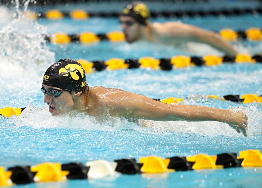 Iowa’s Michael Tenney swims the men’s 200-yard butterfly event during their meet against Michigan State and Northern Iowa at the Campus Recreation and Wellness Center in Iowa City on Friday, Oct 4, 2019. (Stephen Mally/hawkeyesports.com)