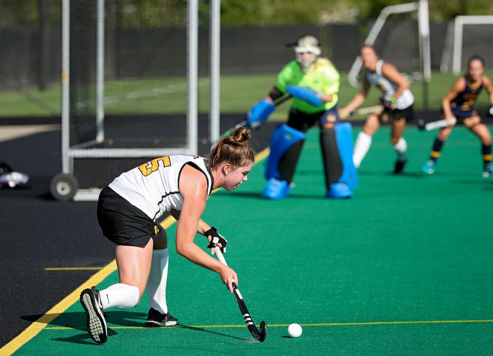Iowa’s Meghan Conroy (5) lines up a shot during the fourth quarter of their game at Grant Field in Iowa City on Friday, Sep 13, 2019. (Stephen Mally/hawkeyesports.com)