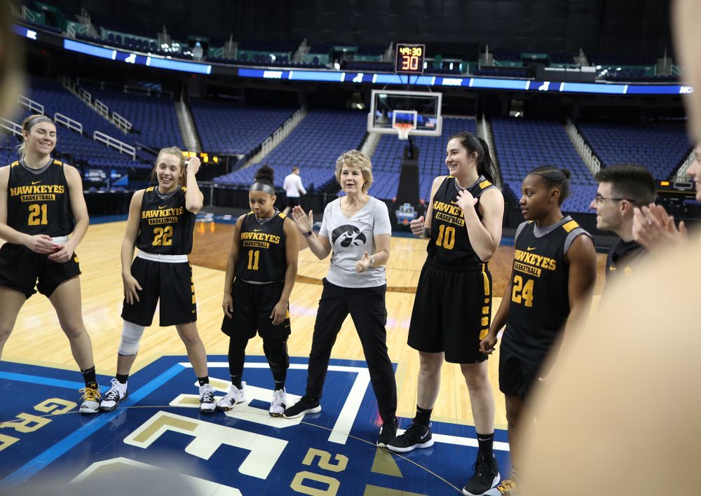 Iowa Hawkeyes head coach Lisa Bluder during shoot around before their regional final against the Baylor Lady Bears in the 2019 NCAA Women's College Basketball Tournament Monday, April 1, 2019 at Greensboro Coliseum in Greensboro, NC.(Brian Ray/hawkeyesports.com)