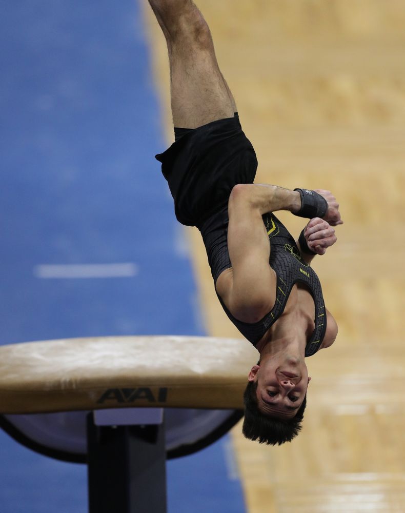 Iowa's Andrew Herrador competes on the vault against Oklahoma Saturday, February 9, 2019 at Carver-Hawkeye Arena. (Brian Ray/hawkeyesports.com)
