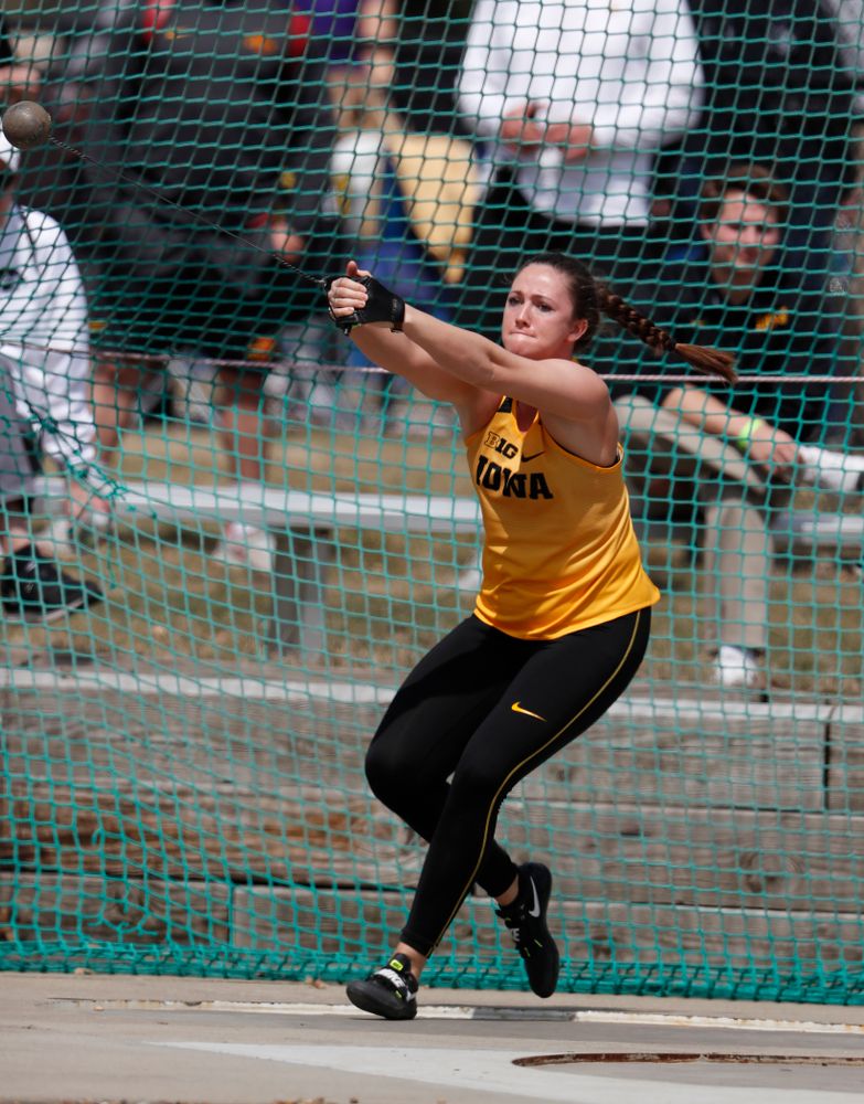 Iowa's Leah Colbert competes in the hammer throw during the 2018 MUSCO Twilight Invitational  Thursday, April 12, 2018 at the Cretzmeyer Track. (Brian Ray/hawkeyesports.com)