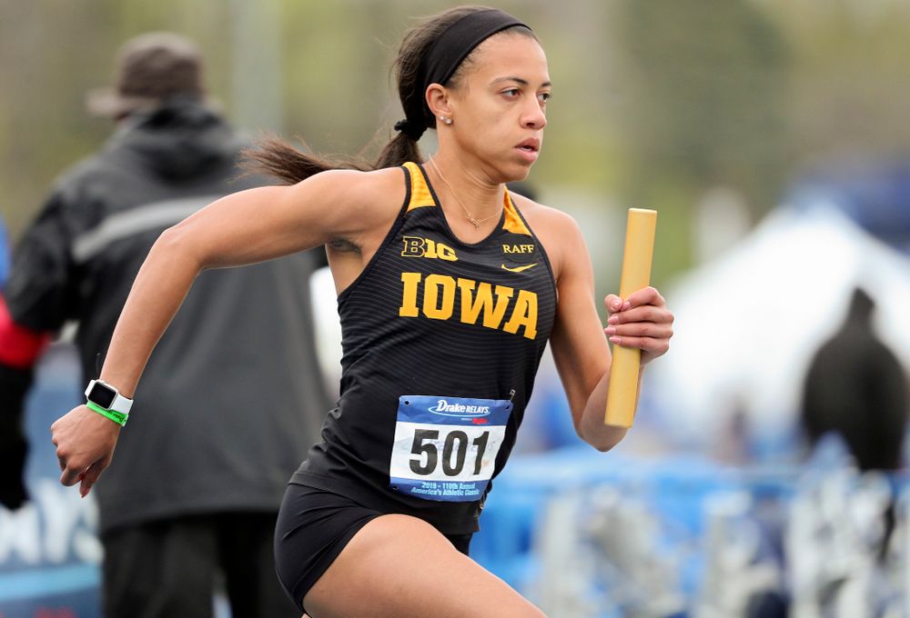 Iowa's Alexis Gay runs the women's distance medley relay event during the third day of the Drake Relays at Drake Stadium in Des Moines on Saturday, Apr. 27, 2019. (Stephen Mally/hawkeyesports.com)