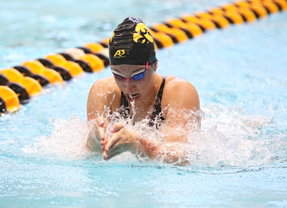 Iowa’s Sage Ohlensehlen swims the women’s 100 yard breaststroke preliminary event during the 2020 Women’s Big Ten Swimming and Diving Championships at the Campus Recreation and Wellness Center in Iowa City on Friday, February 21, 2020. (Stephen Mally/hawkeyesports.com)