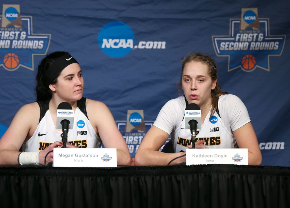 Iowa Hawkeyes center Megan Gustafson (10) and guard Kathleen Doyle (22) during a press conference after winning their second round game in the 2019 NCAA Women's Basketball Tournament at Carver Hawkeye Arena in Iowa City on Sunday, Mar. 24, 2019. (Stephen Mally for hawkeyesports.com)