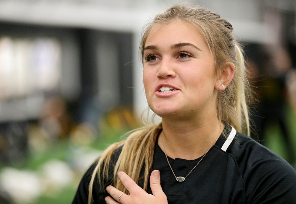 Iowa infielder Cameron Cecil (1) answers questions during Iowa Softball Media Day at the Hawkeye Tennis and Recreation Complex in Iowa City on Thursday, January 30, 2020. (Stephen Mally/hawkeyesports.com)
