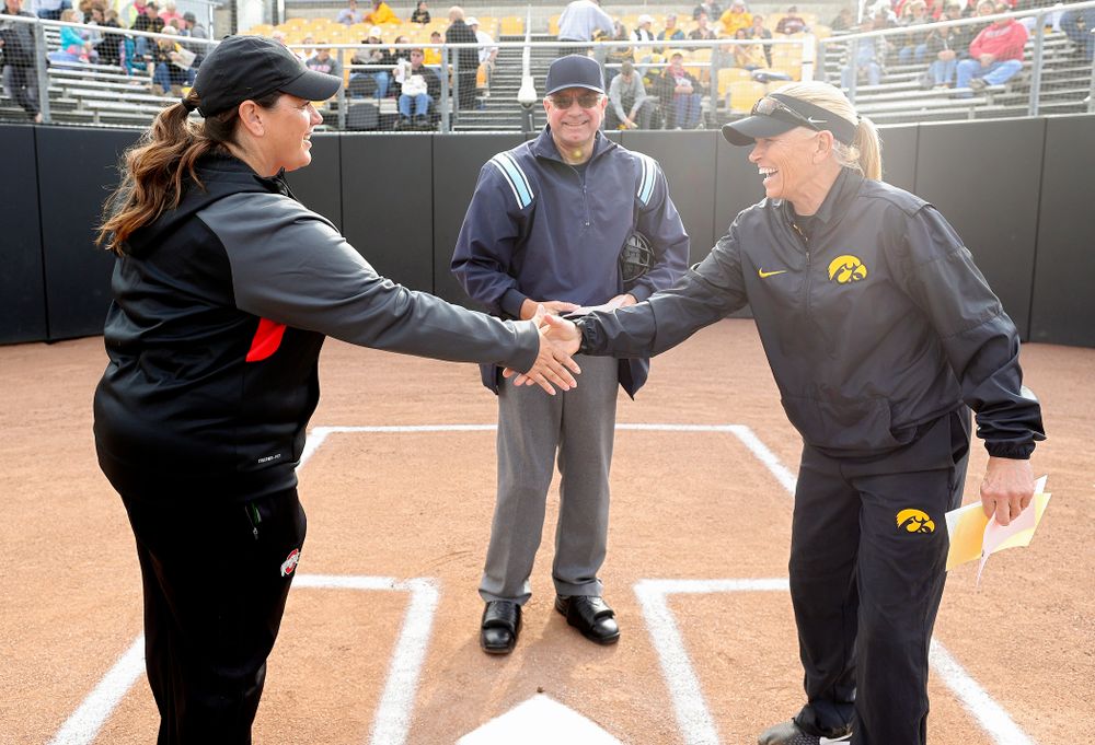 Iowa head coach Renee Gillispie shakes hands with Ohio State head coach Kelly Kovach Schoenly before their game against Ohio State at Pearl Field in Iowa City on Friday, May. 3, 2019. (Stephen Mally/hawkeyesports.com)