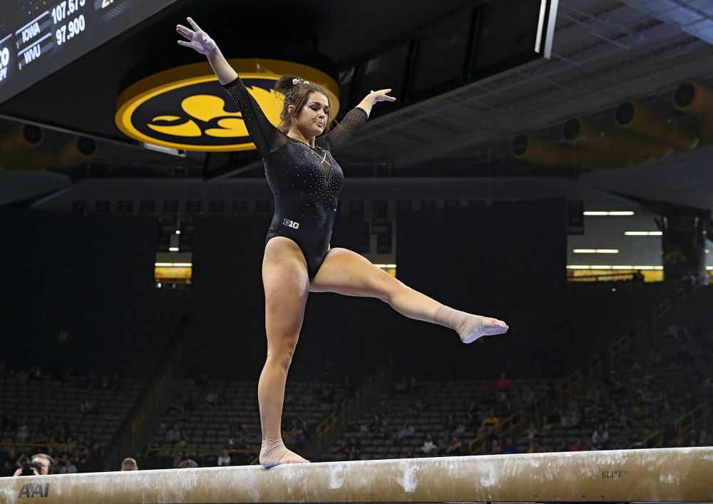 Iowa’s Erin Castle competes on the beam during their meet at Carver-Hawkeye Arena in Iowa City on Sunday, March 8, 2020. (Stephen Mally/hawkeyesports.com)